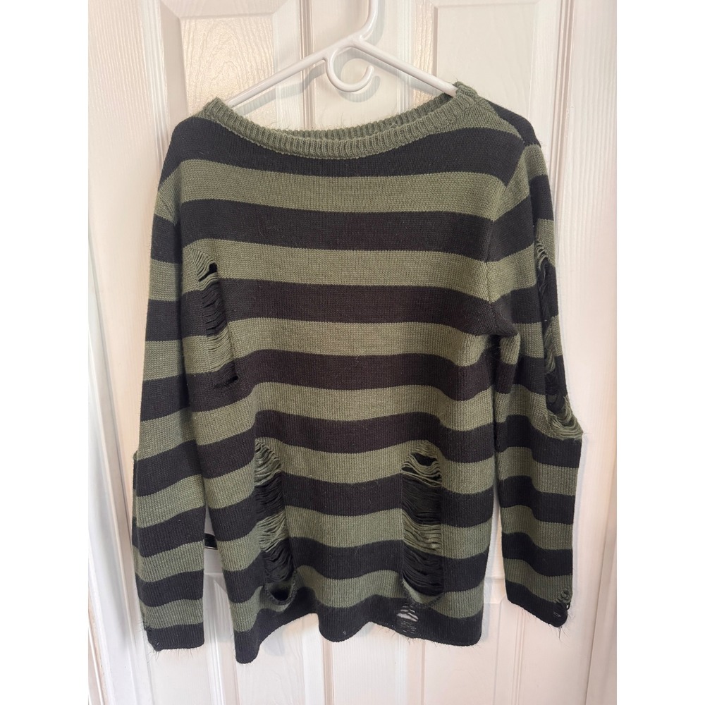 Juniors Medium Olive Green & Black Striped Distressed Sweater Grunge Y2K